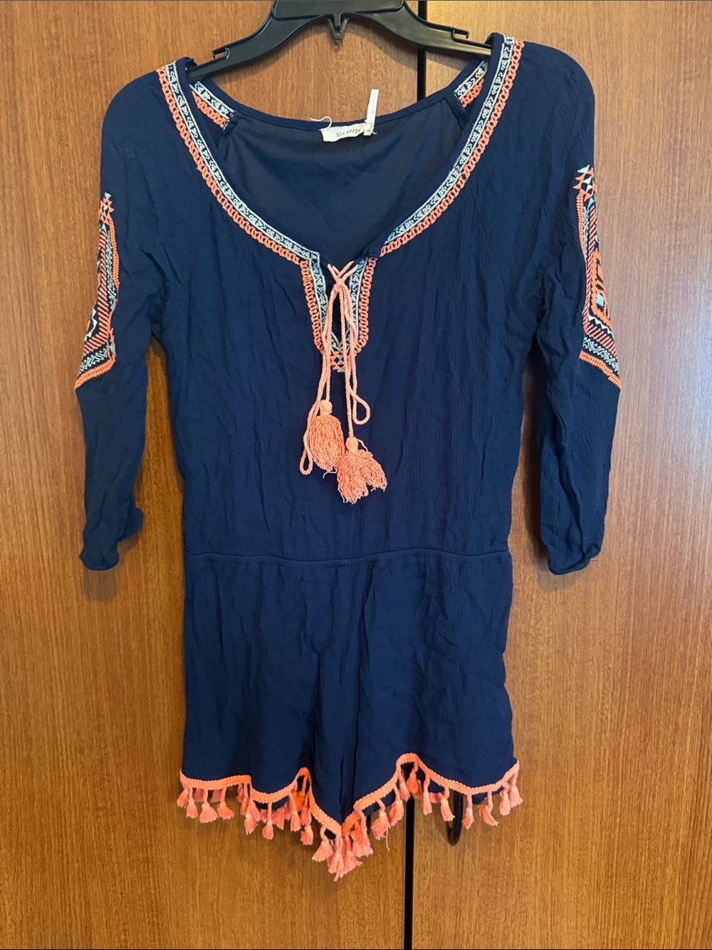 Blu Pepper Boho Navy Romper with Embroidered Coral Trim and Tassle
